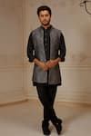 Buy_Vanshik_Grey Silk Floral Pattern Open Bundi Trouser Set _at_Aza_Fashions