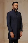 Vanshik_Blue Silk Embroidery Floral Motif Bandhgala Set _Online_at_Aza_Fashions