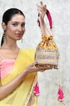 Aloha by PS_Yellow Embroidered Rosy Floral Thread Silk Potli Bag _at_Aza_Fashions