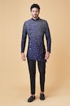 Buy_Manish Nagdeo_Blue Viscose, Polyester Asymmetric Abstract Print Bandhgala With Trouser _at_Aza_Fashions