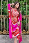 Etasha by Asha Jain_Multi Color Gajji Silk Bandhani Boat Neck Colorblock Embellished Kaftan _Online_at_Aza_Fashions