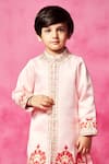 Neha Gursahani_Pink Satin Linen Embroidery Thread Sherwani Set _Online_at_Aza_Fashions