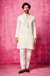 Buy_Neha Gursahani_Ivory Satin Linen Embroidered Velvet Patchwork Yoke Kurta And Pant Set_at_Aza_Fashions