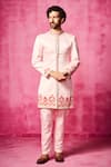 Buy_Neha Gursahani_Pink Satin Linen Embroidered Velvet Patchwork Sherwani And Pant Set _at_Aza_Fashions