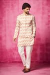 Buy_Neha Gursahani_Ivory Satin Linen Printed Abstract Nehru Jacket With Kurta Set _at_Aza_Fashions