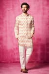 Neha Gursahani_Ivory Satin Linen Printed Abstract Nehru Jacket With Kurta Set _Online_at_Aza_Fashions