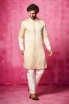 Buy_Neha Gursahani_Beige Satin Linen Embroidered Thread Crest Kurta And Pant Set _at_Aza_Fashions