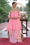 Buy_Panchhi by Kanupriya Tibrewala_Pink Top Organza Embroidery Off Shoulder Tube Kurta With Palazzo Pant _at_Aza_Fashions