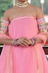 Panchhi by Kanupriya Tibrewala_Pink Top Organza Embroidery Off Shoulder Tube Kurta With Palazzo Pant _Online_at_Aza_Fashions