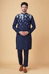 Manish Nagdeo_Blue Silk Embroidery, Beads Floral Embellished Bundi Kurta Set _Online