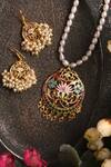 Shop_Totapari_Gold Plated Pearls, Stones Amrita Floral Enamelled Pendant Necklace Set _at_Aza_Fashions