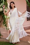 Shop_Ohaila Khan_Off White Chiffon Embroidered Ziva Pre-draped Saree With Scalloped Blouse _at_Aza_Fashions