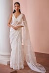 Buy_Ohaila Khan_White Organza Embroidered Bead V Neck Kiah Laced Saree With Blouse  _at_Aza_Fashions