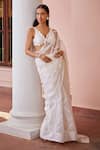 Buy_Ohaila Khan_White Organza Embroidered Bead V Neck Kiah Laced Saree With Blouse  _Online_at_Aza_Fashions