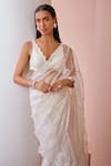 Shop_Ohaila Khan_White Organza Embroidered Bead V Neck Kiah Laced Saree With Blouse  _Online_at_Aza_Fashions