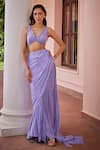 Ohaila Khan_Purple Chiffon Embroidered Bead V Alizeh Pre-draped Saree With Blouse  _at_Aza_Fashions