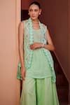 Shop_Ohaila Khan_Green Crepe And Organza Embroidered Pearl V Neck Savi Jacket Sharara Set _Online_at_Aza_Fashions