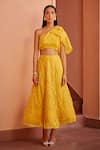 Ohaila Khan_Yellow Organza Embroidered Pearl One-shoulder Griva Blouse Skirt Set _Online_at_Aza_Fashions