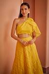 Shop_Ohaila Khan_Yellow Organza Embroidered Pearl One-shoulder Griva Blouse Skirt Set  _Online_at_Aza_Fashions