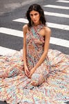 Payal Singhal_Pink Crepe Printed Leaf Halter Neck Ella Dress _Online_at_Aza_Fashions