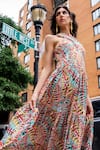 Buy_Payal Singhal_Pink Crepe Printed Leaf Halter Neck Ella Dress _Online_at_Aza_Fashions