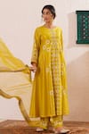 Buy_OMI_Green Chanderi, Organza Lace Round Neck Floral Motif Print Anarkali Pant Set _Online_at_Aza_Fashions
