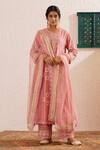 OMI_Pink Chanderi, Organza Embroidery, Lace Bloom Motif Print Anarkali Pant Set _Online_at_Aza_Fashions