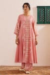 Buy_OMI_Pink Chanderi, Organza Embroidery, Lace Bloom Motif Print Anarkali Pant Set _Online_at_Aza_Fashions