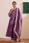 OMI_Purple Chanderi, Organza Lace Round Neck Blossom Motif Print Anarkali Pant Set _Online_at_Aza_Fashions