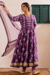 Buy_OMI_Purple Chanderi, Cotton, Organza Gota Blossom Motif Block Print Anarkali Set _Online_at_Aza_Fashions