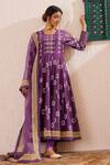 Shop_OMI_Purple Chanderi, Cotton, Organza Gota Blossom Motif Block Print Anarkali Set _Online_at_Aza_Fashions