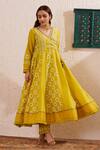 OMI_Green Chanderi Lace V-neck Block Print Angarkha Kurta Pant Set _Online_at_Aza_Fashions