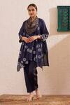 Buy_OMI_Blue Chanderi Cowl Neck Flowery Motif Print Tunic Kurta Pant Set _at_Aza_Fashions