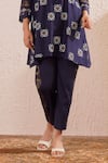 Omi_Blue Chanderi Embroidery V-neck Flora Block Print Tunic Pant Set _Online_at_Aza_Fashions