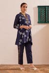 Buy_Omi_Blue Chanderi Embroidery V-neck Flora Block Print Tunic Pant Set _Online_at_Aza_Fashions
