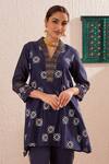 Shop_Omi_Blue Chanderi Embroidery V-neck Flora Block Print Tunic Pant Set _Online_at_Aza_Fashions