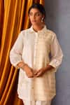 OMI_Off White Chanderi Sequins Collared Embroidered Button Down Shirt Pant Set _Online_at_Aza_Fashions