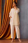 Shop_OMI_Off White Chanderi Sequins Collared Embroidered Button Down Shirt Pant Set _Online_at_Aza_Fashions