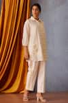 OMI_Off White Chanderi Sequins Collared Embroidered Button Down Shirt Pant Set _at_Aza_Fashions