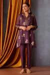 Buy_OMI_Wine Chanderi Embroidered Sequin Collared Tapered Tunic Pant Set_at_Aza_Fashions