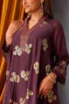 Buy_OMI_Wine Chanderi Sequins V-neck Asymmetric Rose Embroidered Tunic And Pant Set _Online_at_Aza_Fashions