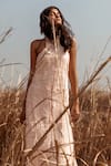 Buy_AHMEV_Pink Handloom Cotton Textured Halter Striped Dress 