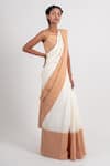 Buy_AHMEV_Ivory Handloom Cotton Stripe Contrast Border Saree _at_Aza_Fashions