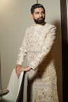 Soniya G_Cream Lucknowi Embroidery Royal Garden Sherwani _Online_at_Aza_Fashions