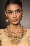 Shop_Queens Jewels_Gold Plated Bead Aabha Lakshmi Carved Temple Pendant Necklace Set _at_Aza_Fashions