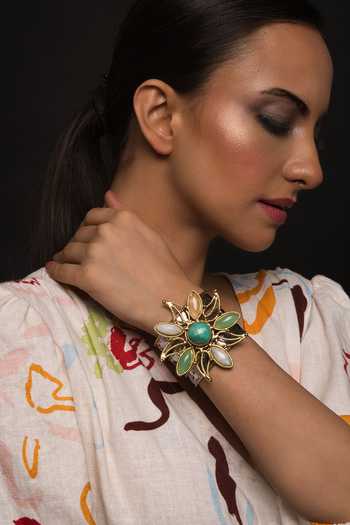 Shop_Queens Jewels_Green Stones Zora Floral Embellished Bracelet _at_Aza_Fashions