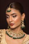 Shop_Queens Jewels_Green Stones, Diamonds Geometric Kundan Embellished Jewellery Set _at_Aza_Fashions