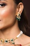 Shop_Queens Jewels_Emerald Green Beads, Stones Kundan Embellished Choker Set _at_Aza_Fashions