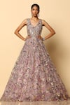 Buy_MeenaGurnam_Pink Net Flora Sequin V Neck Gown _at_Aza_Fashions