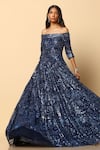 Shop_MeenaGurnam_Blue Net Midnight Bloom Off Sequin Embellished Gown _at_Aza_Fashions